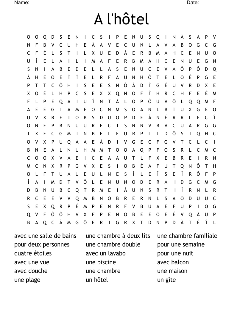 A l'hôtel Word Search