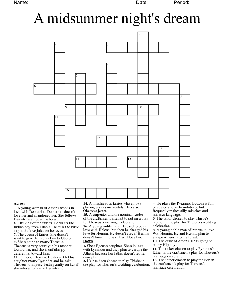 A midsummer night's dream Crossword