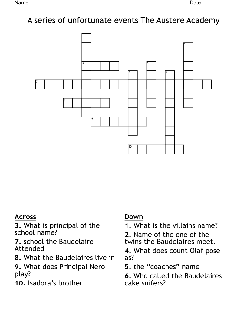 A series of unfortunate events The Austere Academy  Crossword