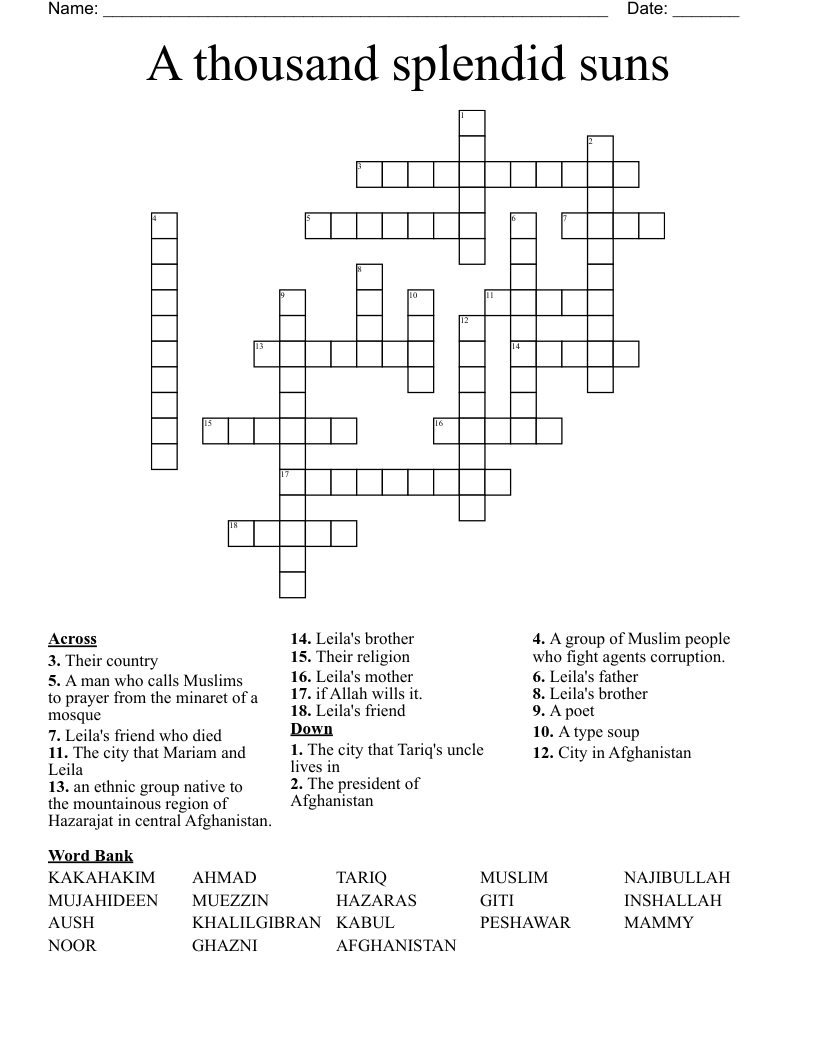 A thousand splendid suns Crossword