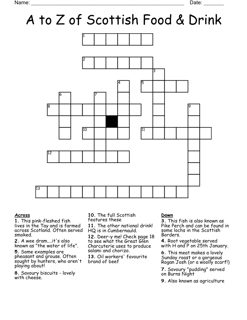 A to Z of Scottish Food & Drink Crossword