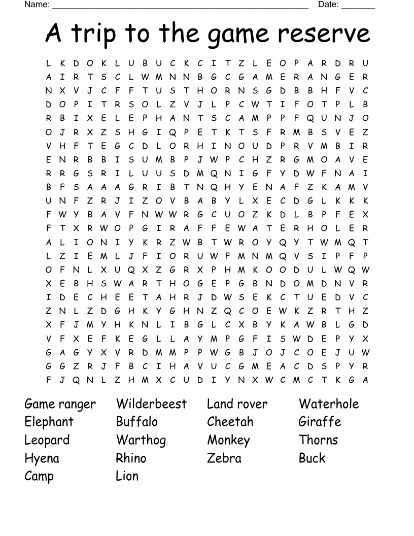 A trip to the game reserve Word Search