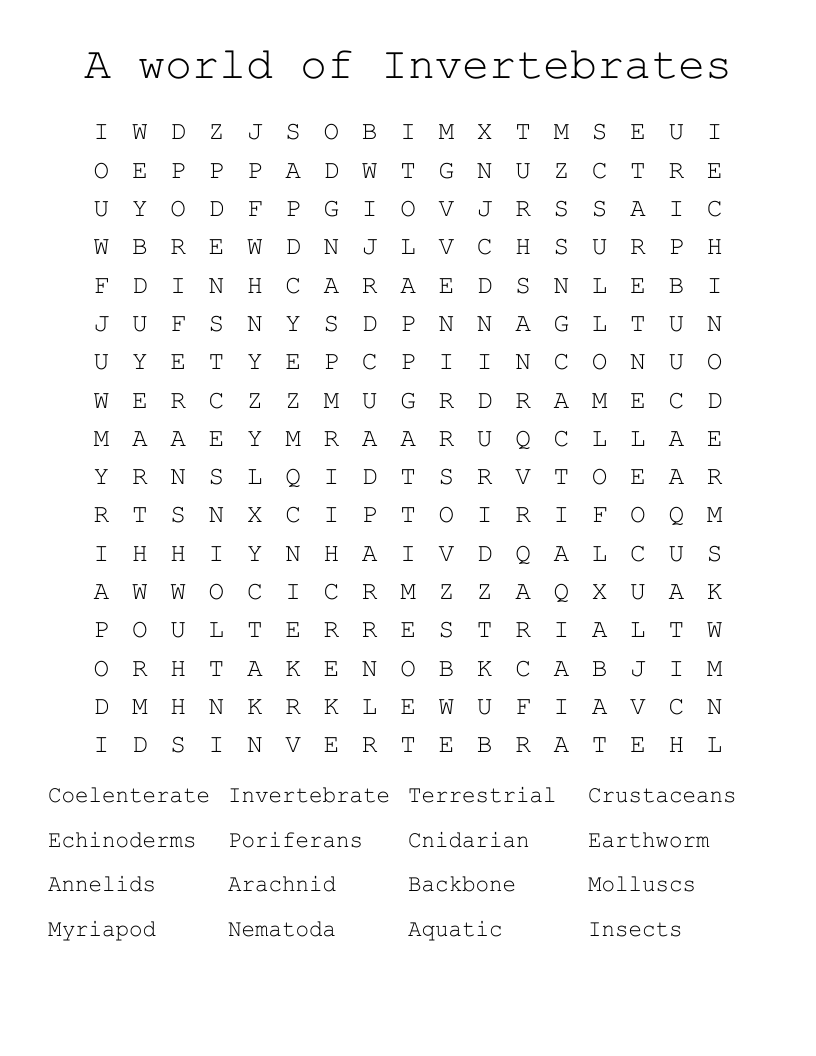 A world of Invertebrates Word Search