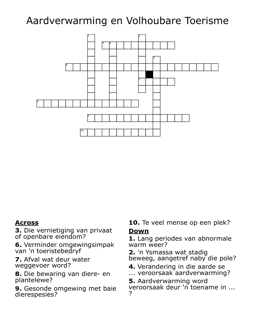 Aardverwarming en Volhoubare Toerisme Crossword
