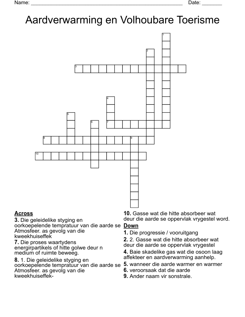 Aardverwarming en Volhoubare Toerisme Crossword