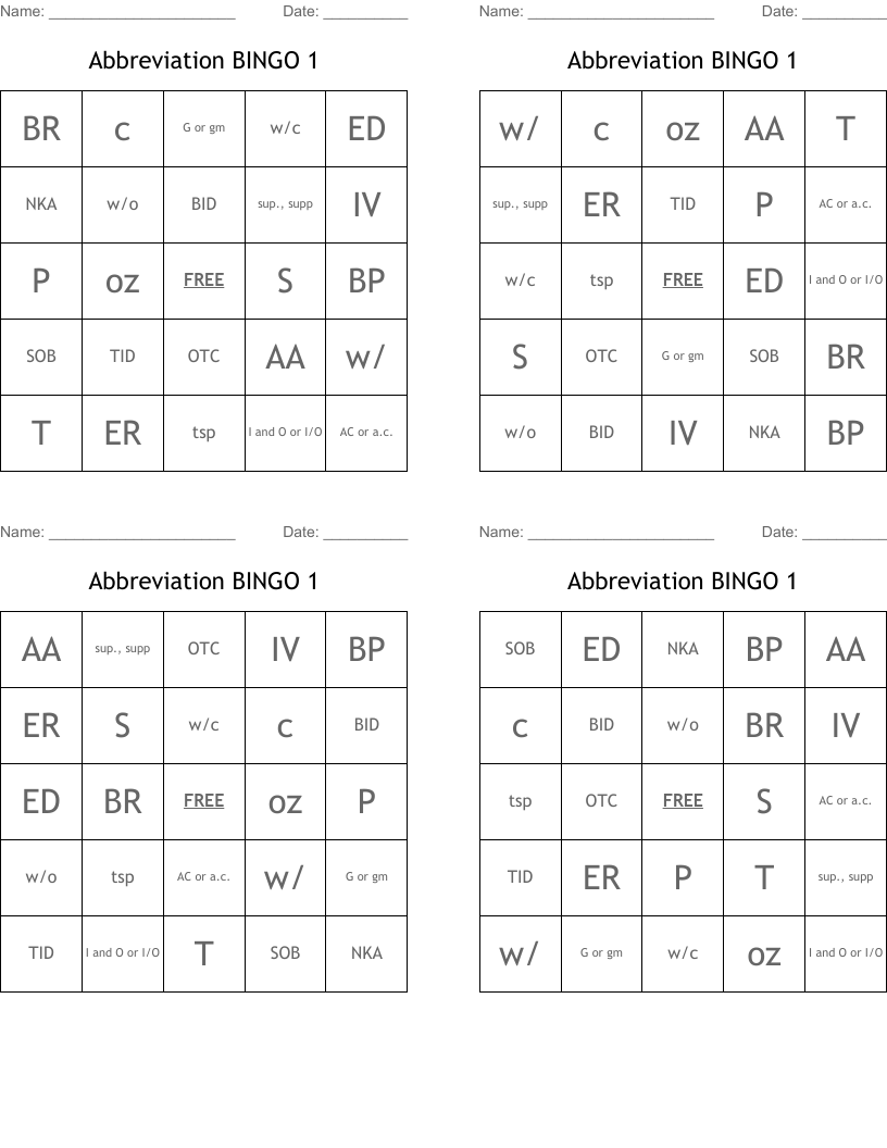 Abbreviation BINGO 1
