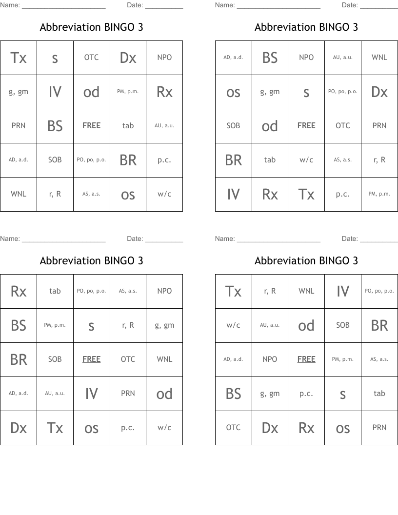 Abbreviation BINGO 3