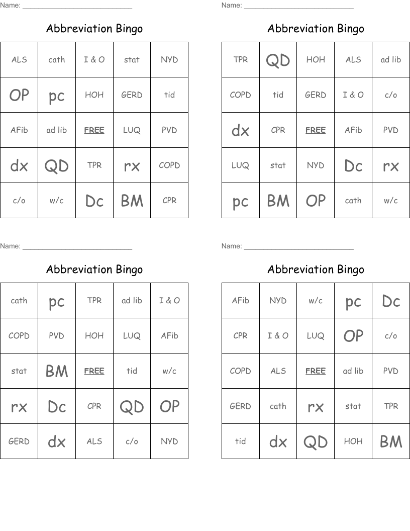 Abbreviation Bingo