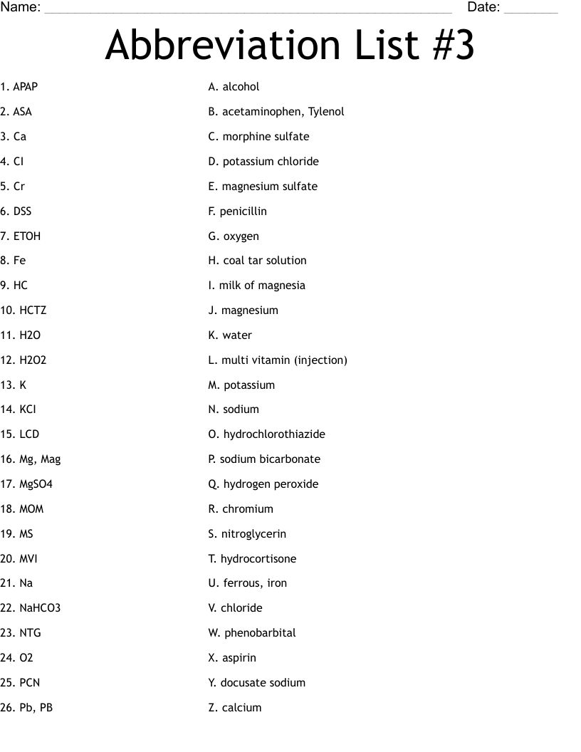 Abbreviation List #3 Worksheet