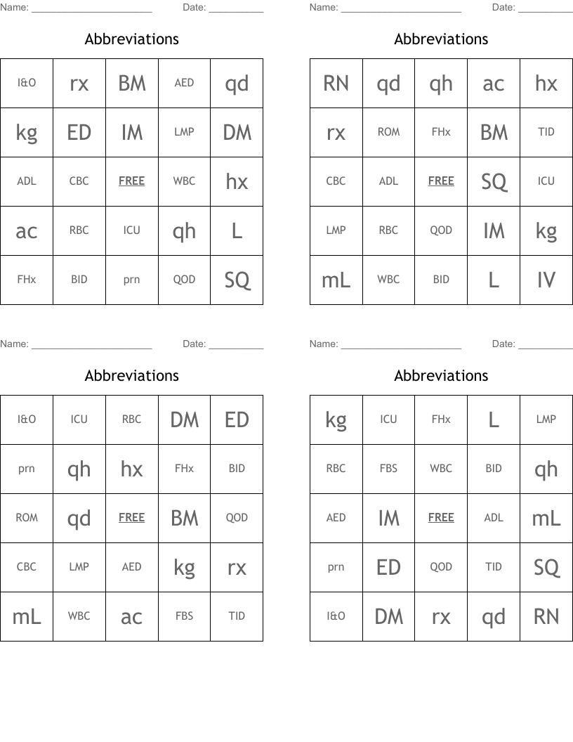 Abbreviations Bingo Cards
