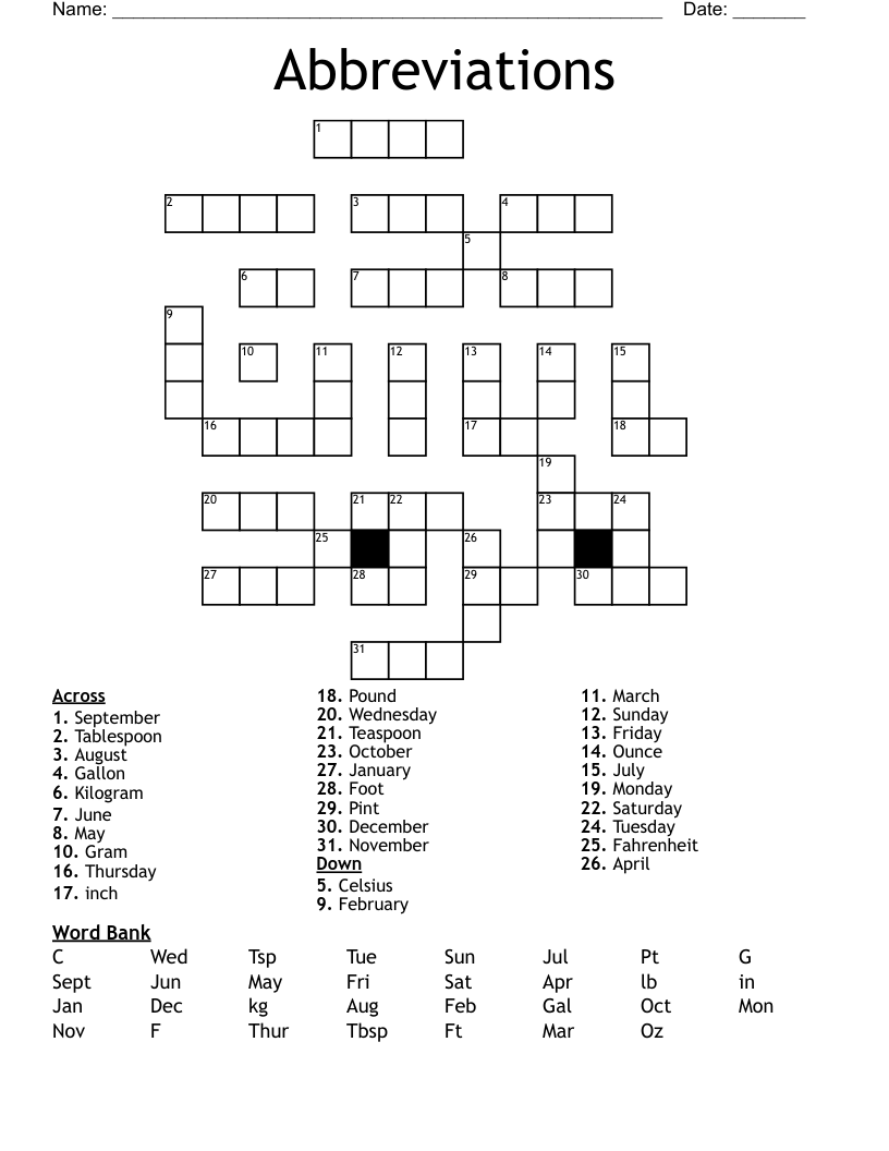 Abbreviations Crossword