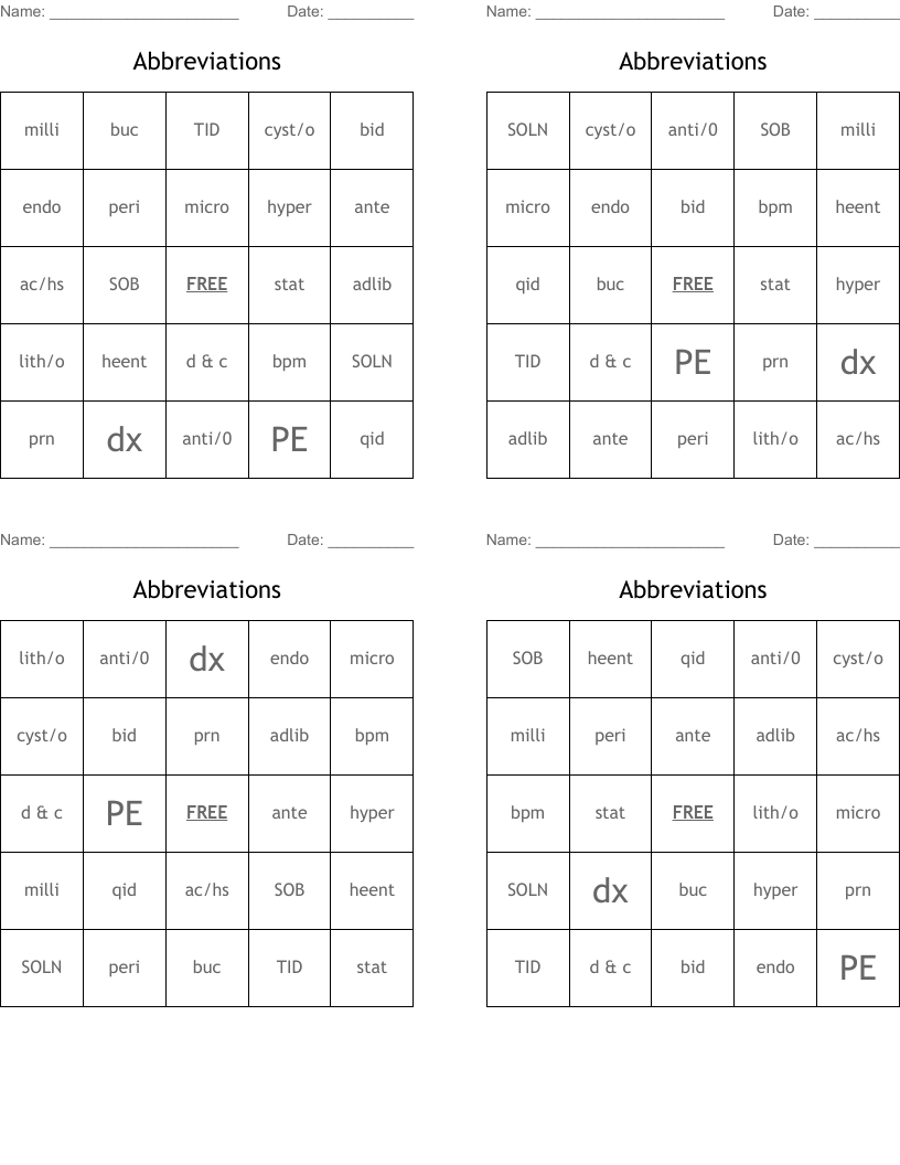 Abbreviations Bingo Cards