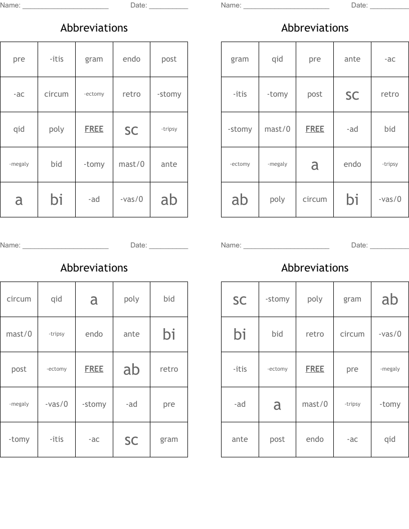 Abbreviations Bingo Cards