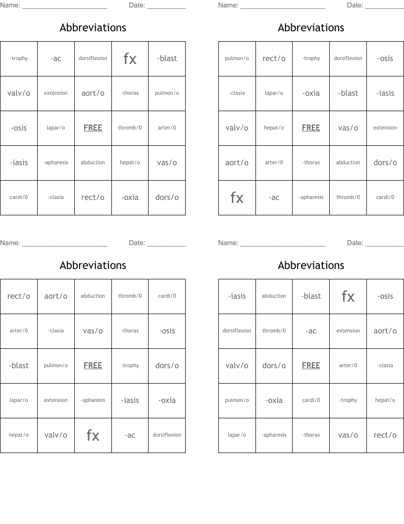 Abbreviations Bingo Cards
