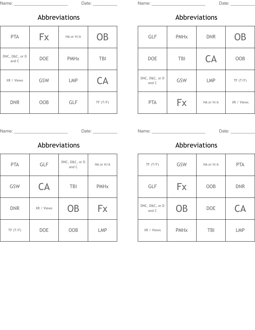 Abbreviations Bingo Cards