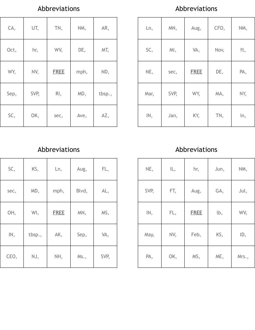 Abbreviations Bingo Cards