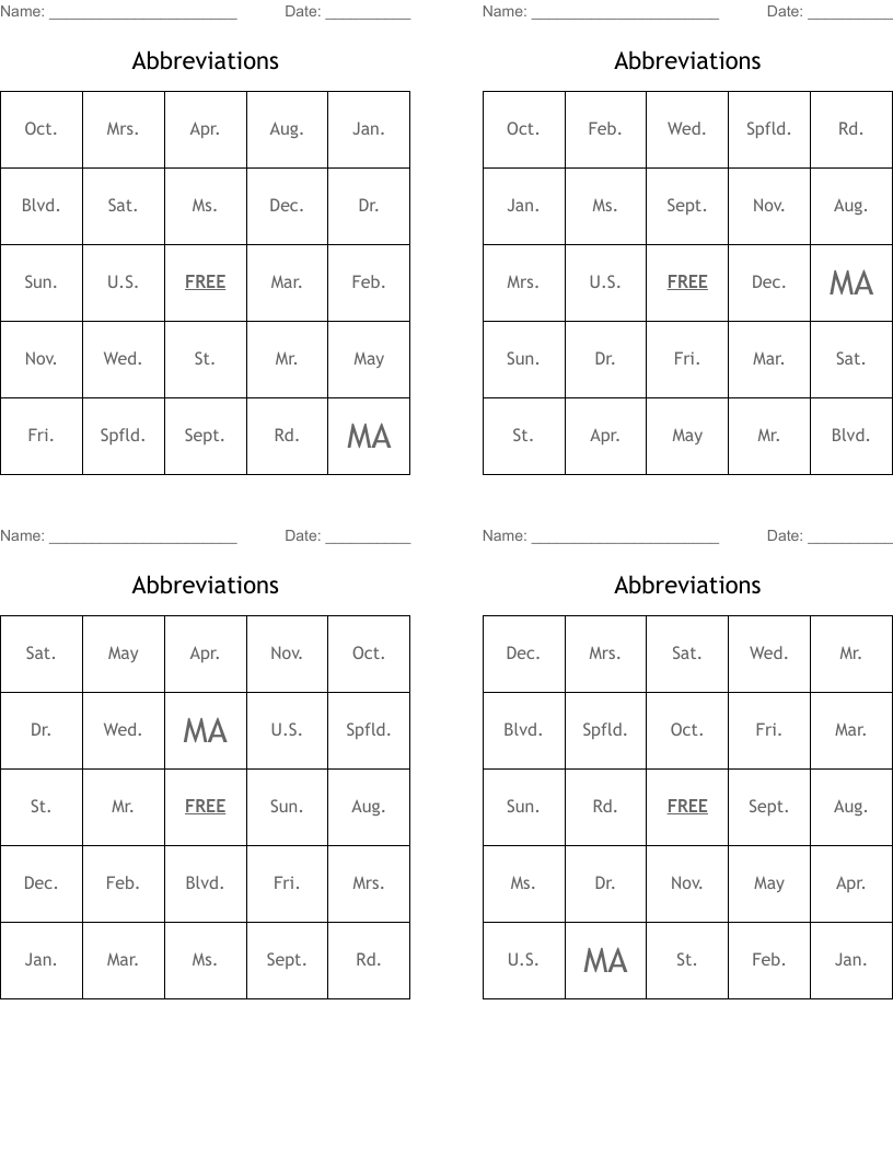 Abbreviations Bingo Cards