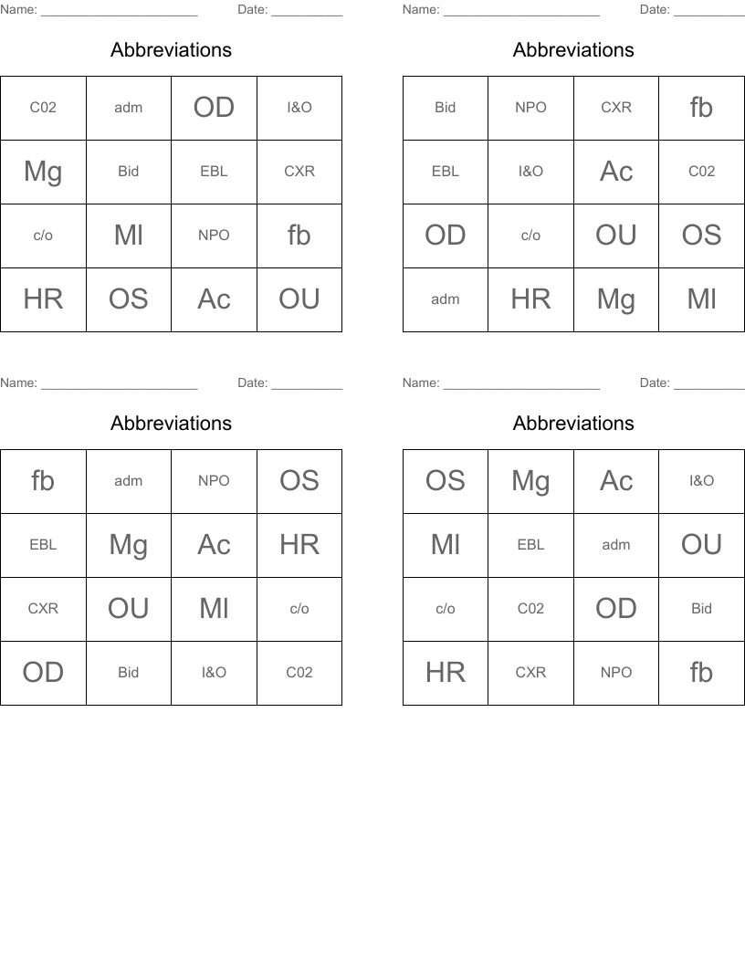 Abbreviations Bingo Cards