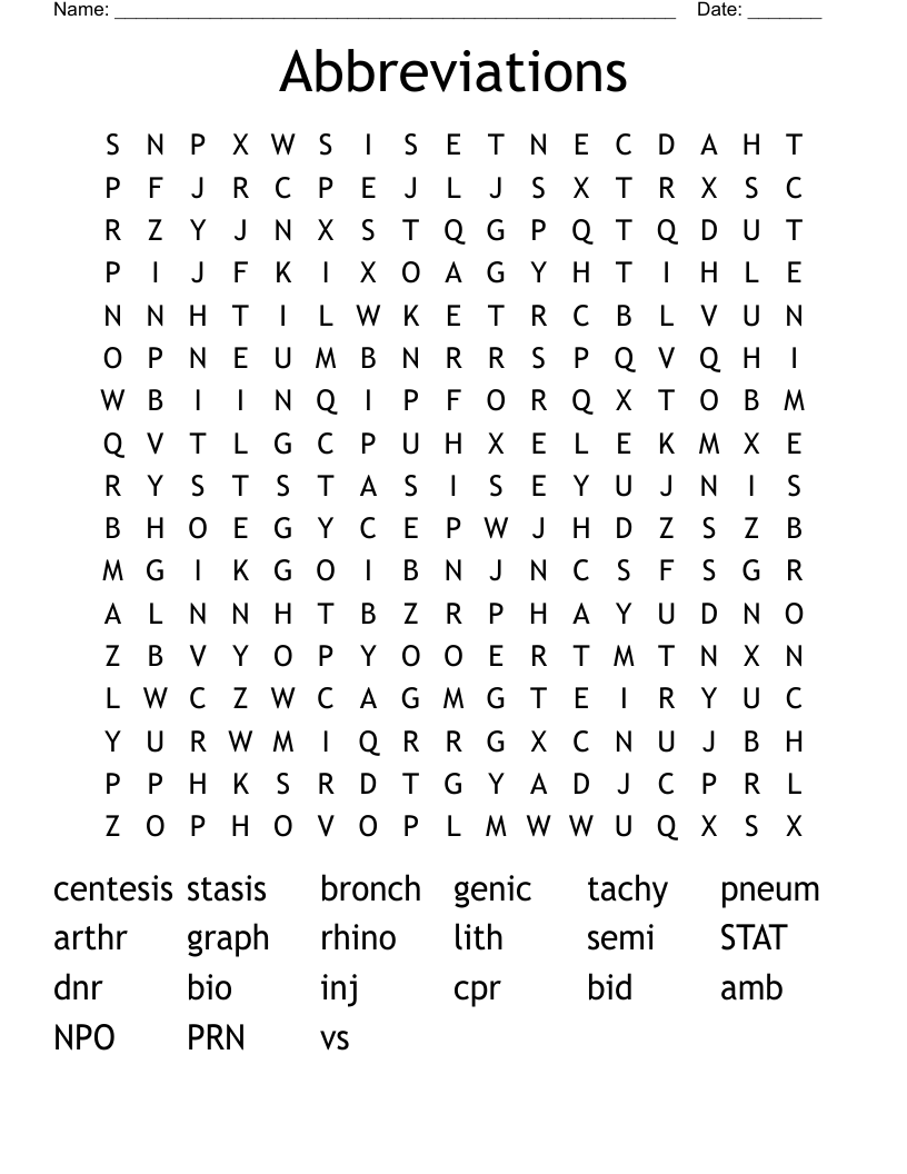 Abbreviations Word Search