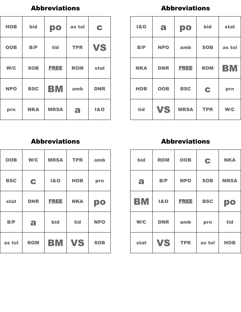 Abbreviations Bingo Cards