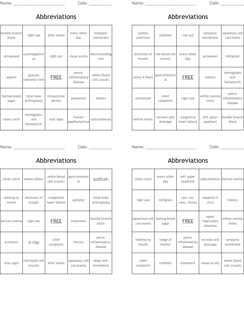 Abbreviations Bingo Cards