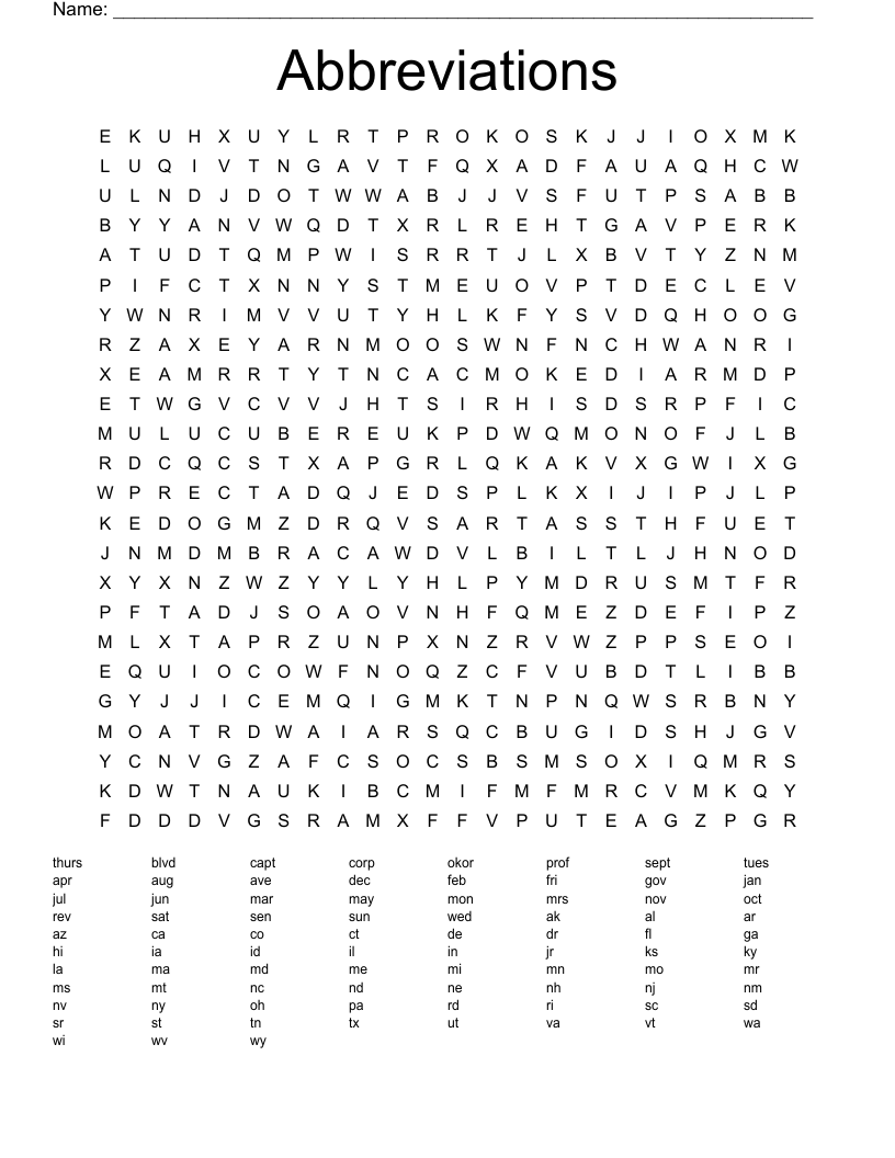 Abbreviations Word Search