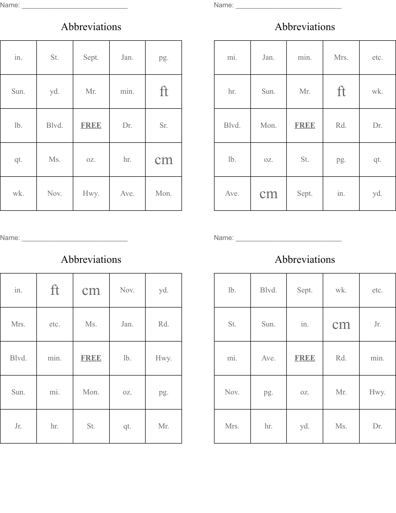Abbreviations Bingo Cards