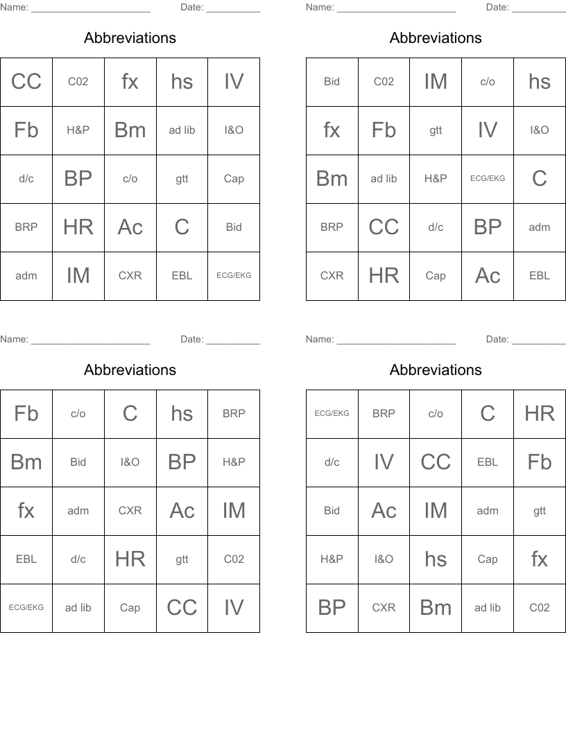 Abbreviations  Bingo Cards