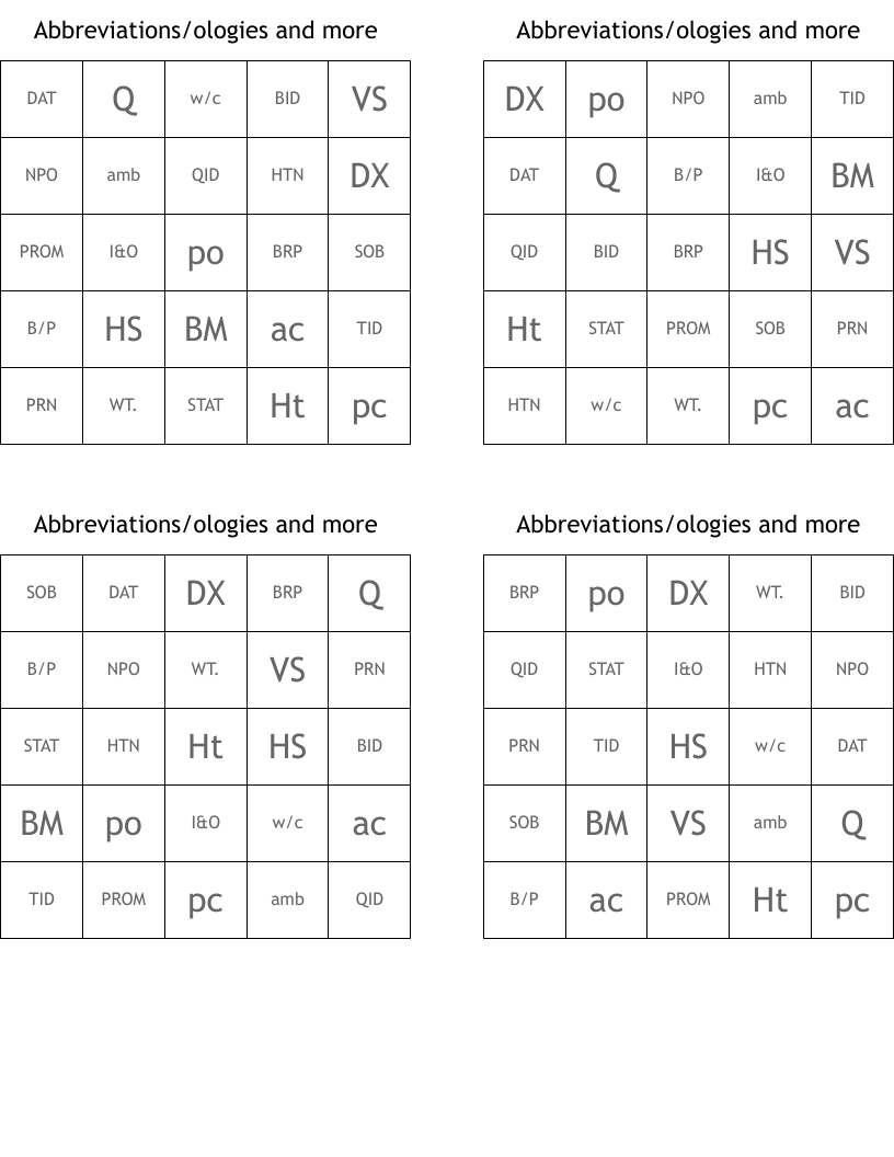 Abbreviations/ologies and more Bingo Cards