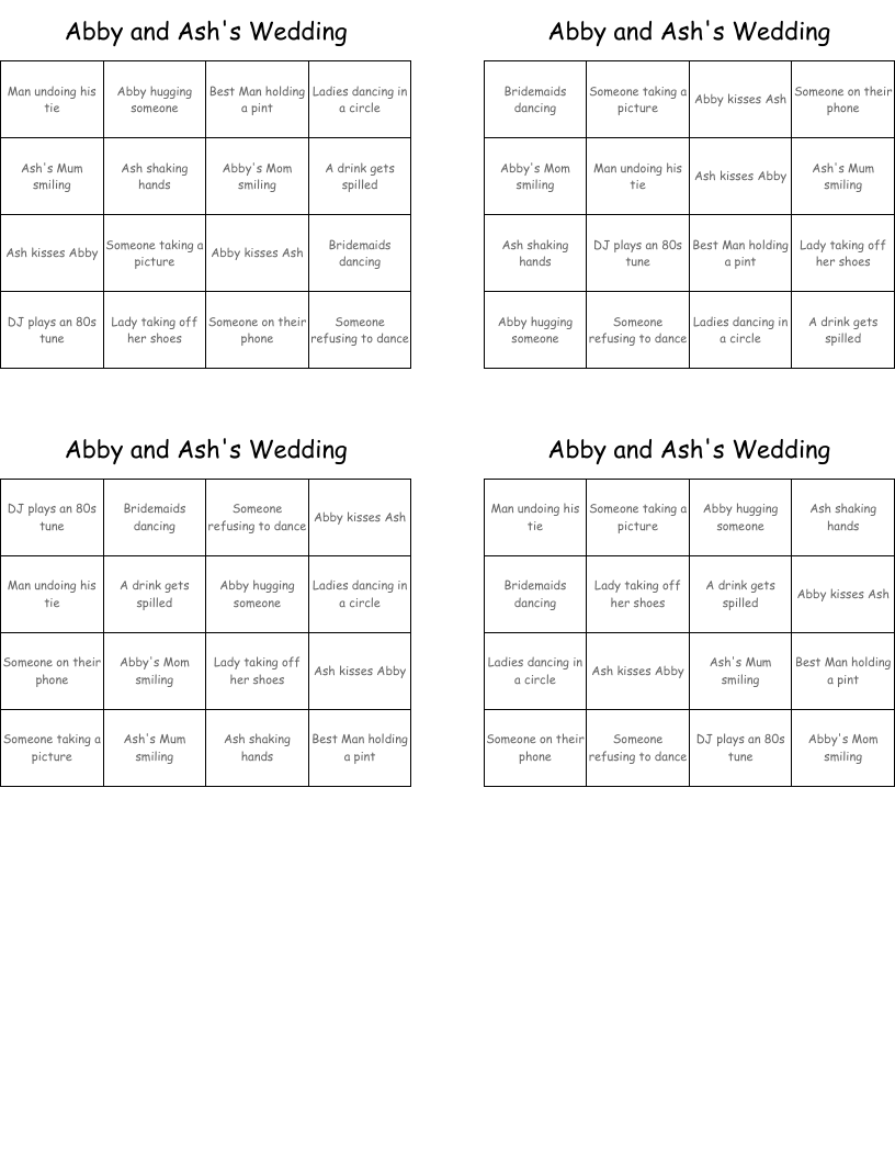 Abby and Ash's Wedding Bingo Cards