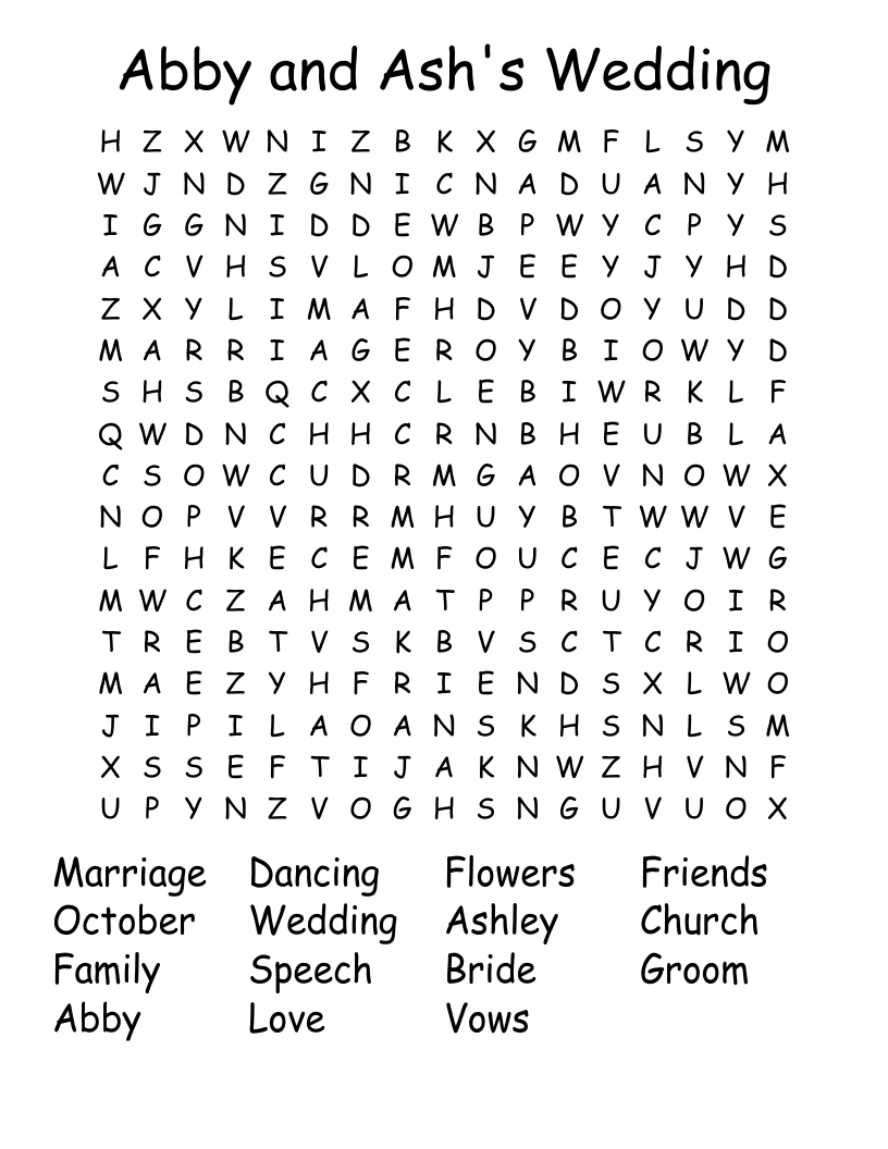 Abby and Ash's Wedding Word Search