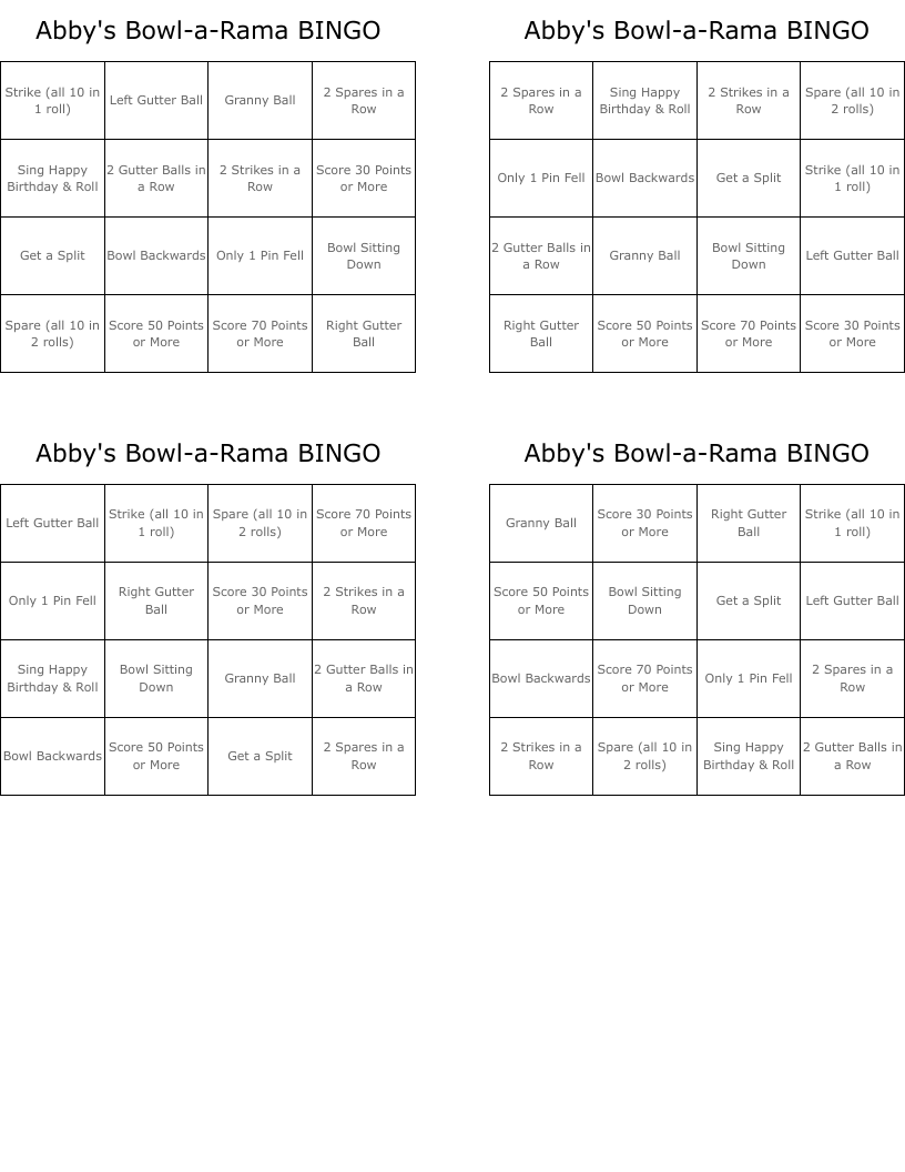 Abby's Bowl-a-Rama BINGO