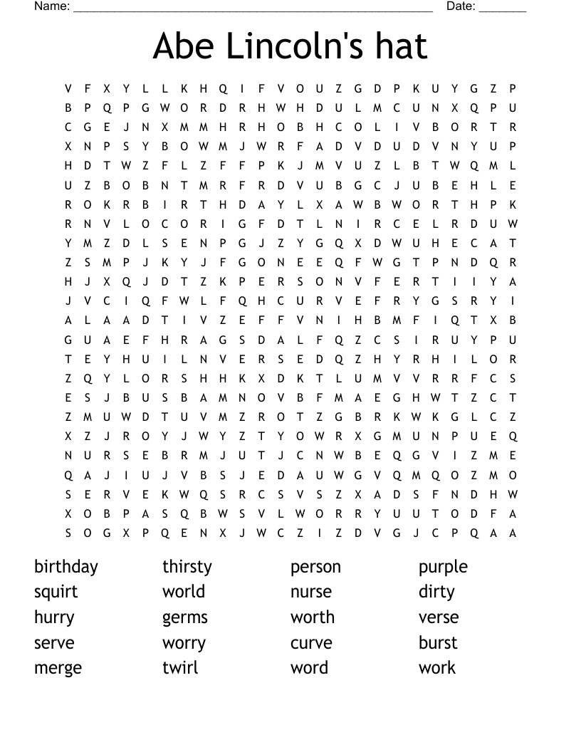 Abe Lincoln's hat Word Search