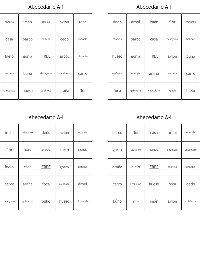 Abecedario A-I Bingo Cards