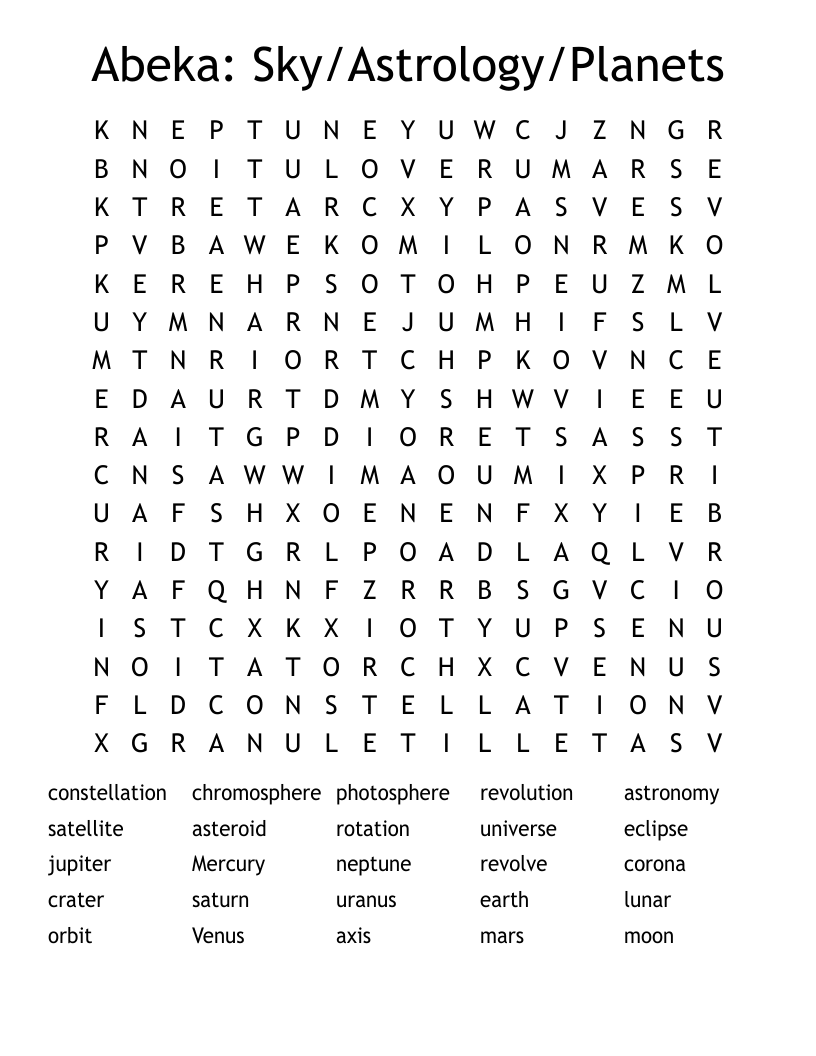Abeka: Sky/Astrology/Planets  Word Search
