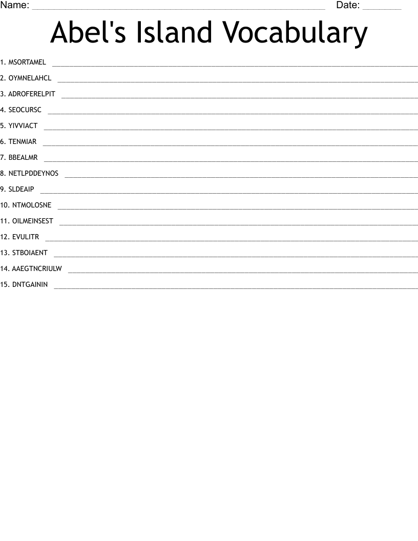 Abel's Island Vocabulary  Word Scramble