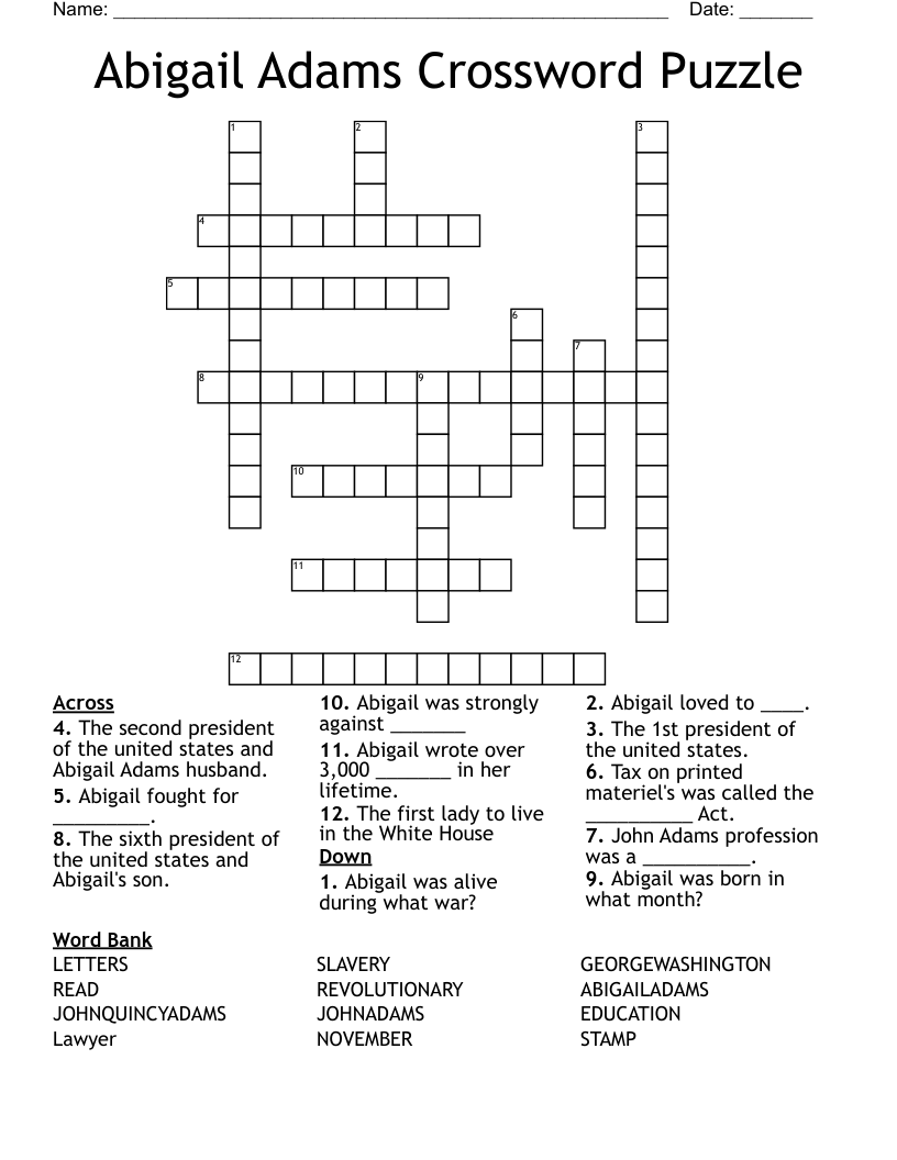 Abigail Adams Crossword Puzzle