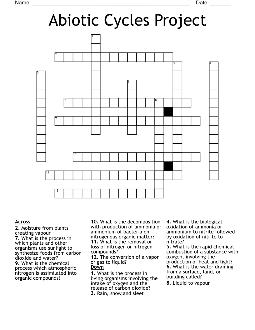 Abiotic Cycles Project  Crossword
