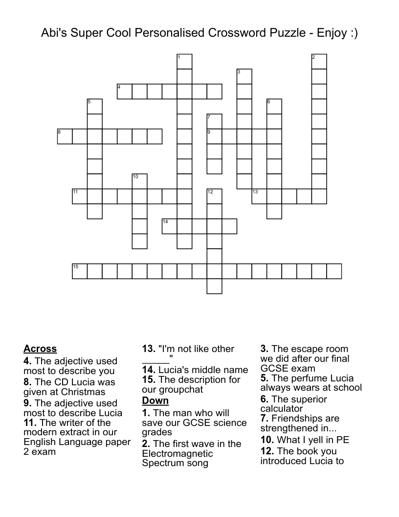 Abi's Super Cool Personalised Crossword Puzzle - Enjoy :)
