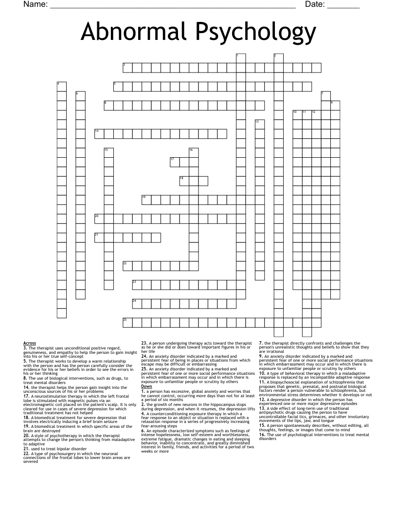 Abnormal Psychology Crossword