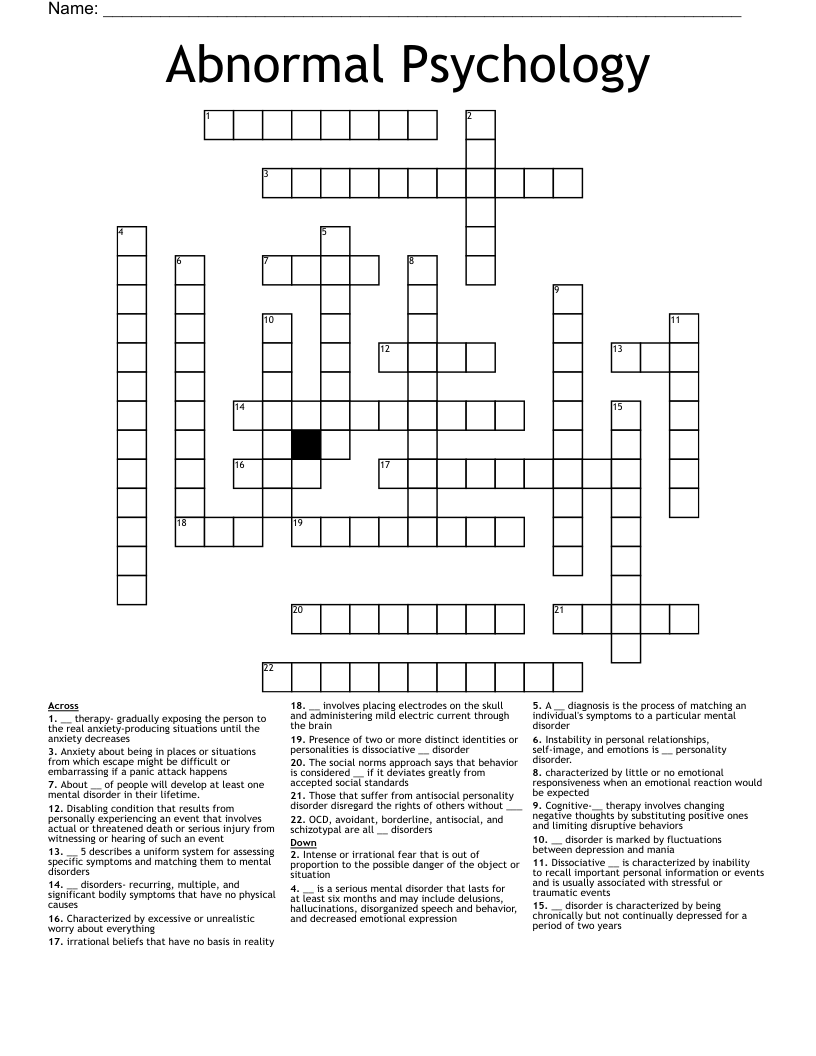 Abnormal Psychology Crossword