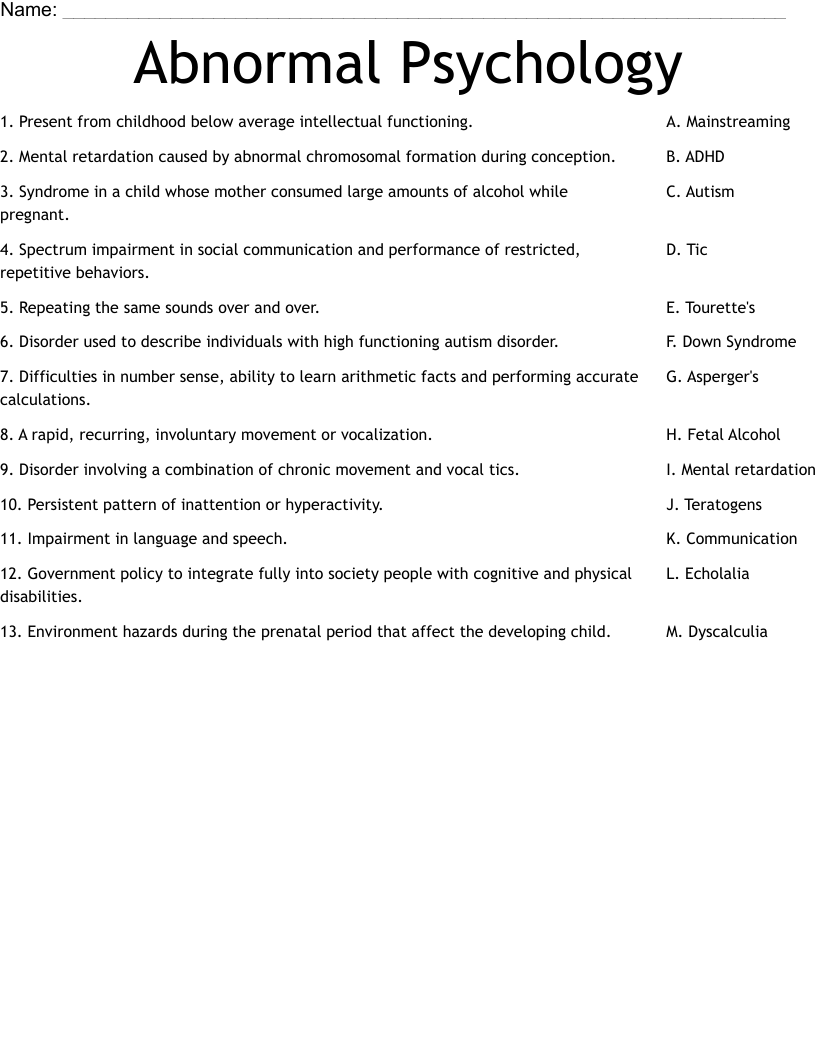 Abnormal Psychology Worksheet