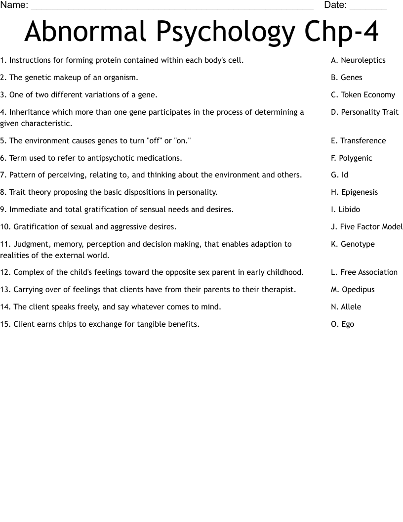 Abnormal Psychology Chp-4 Worksheet