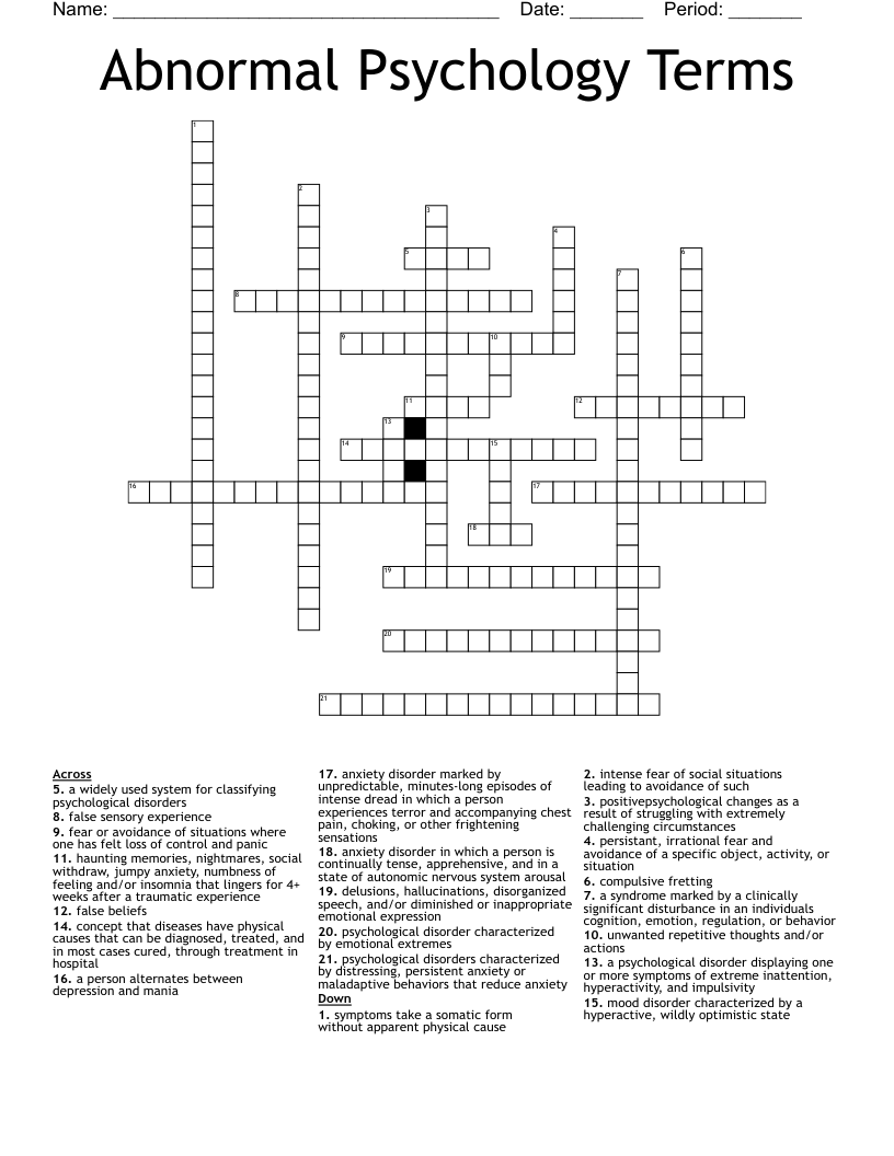 Abnormal Psychology Terms Crossword