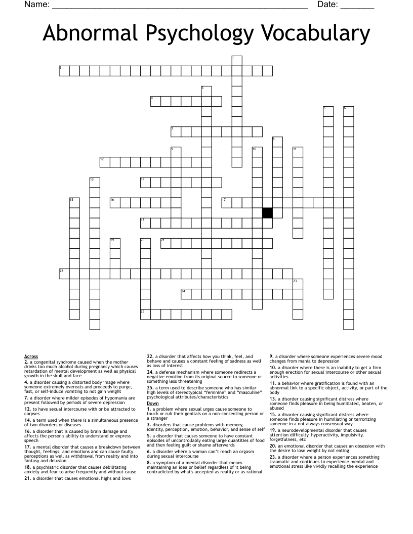 Abnormal Psychology Vocabulary Crossword