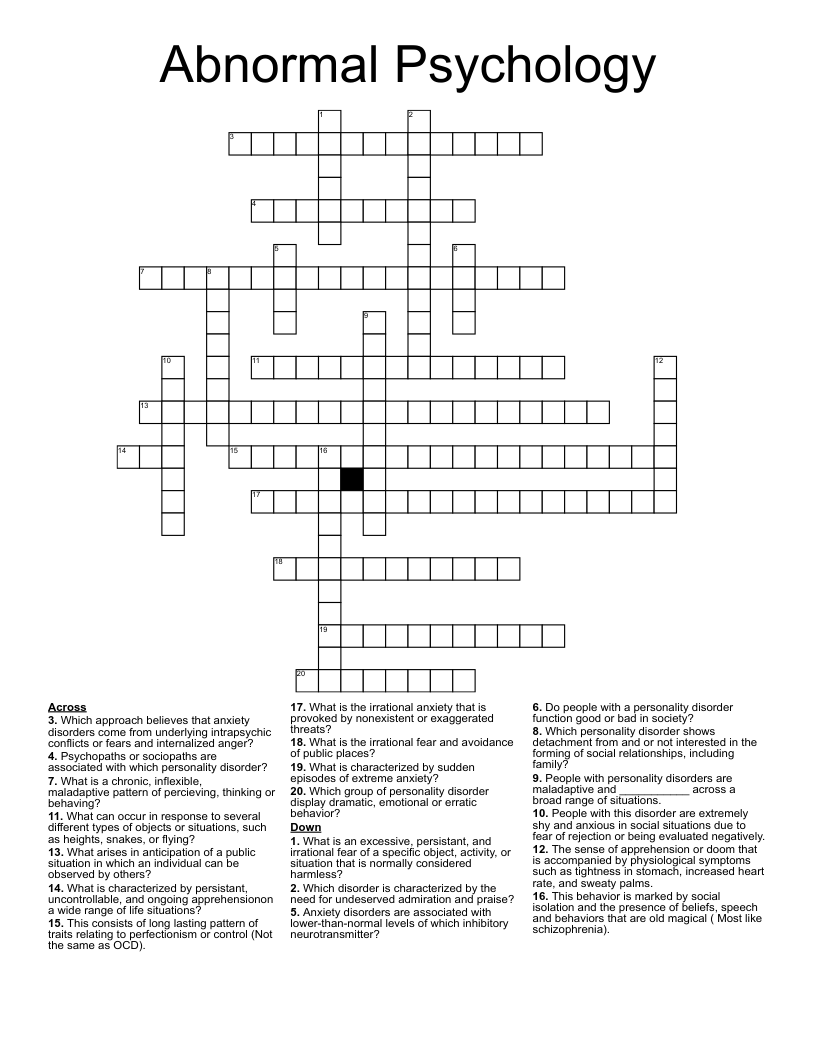 Abnormal Psychology  Crossword