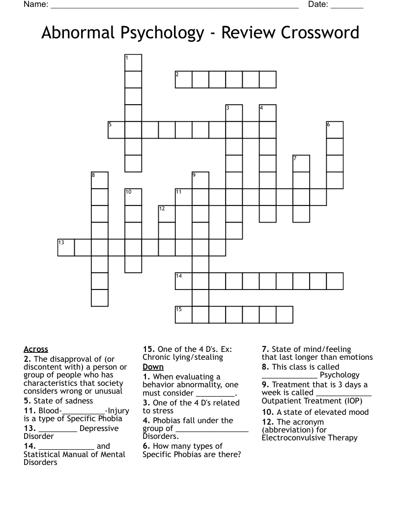 Abnormal Psychology - Review Crossword