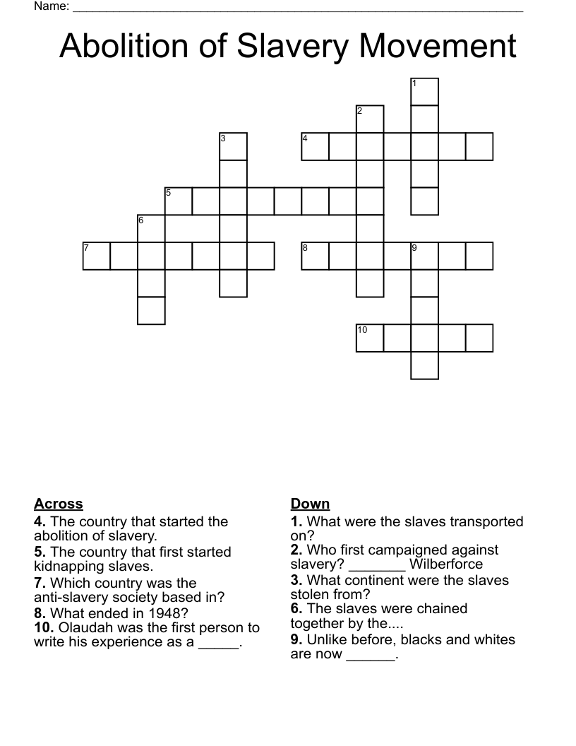 Abolition of Slavery Movement Crossword