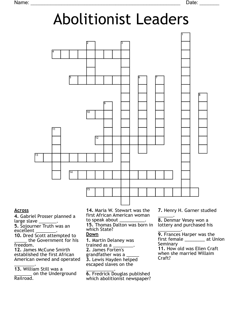 Abolitionist Leaders Crossword