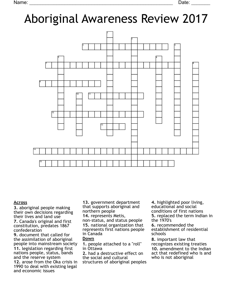 Aboriginal Awareness Review 2017 Crossword
